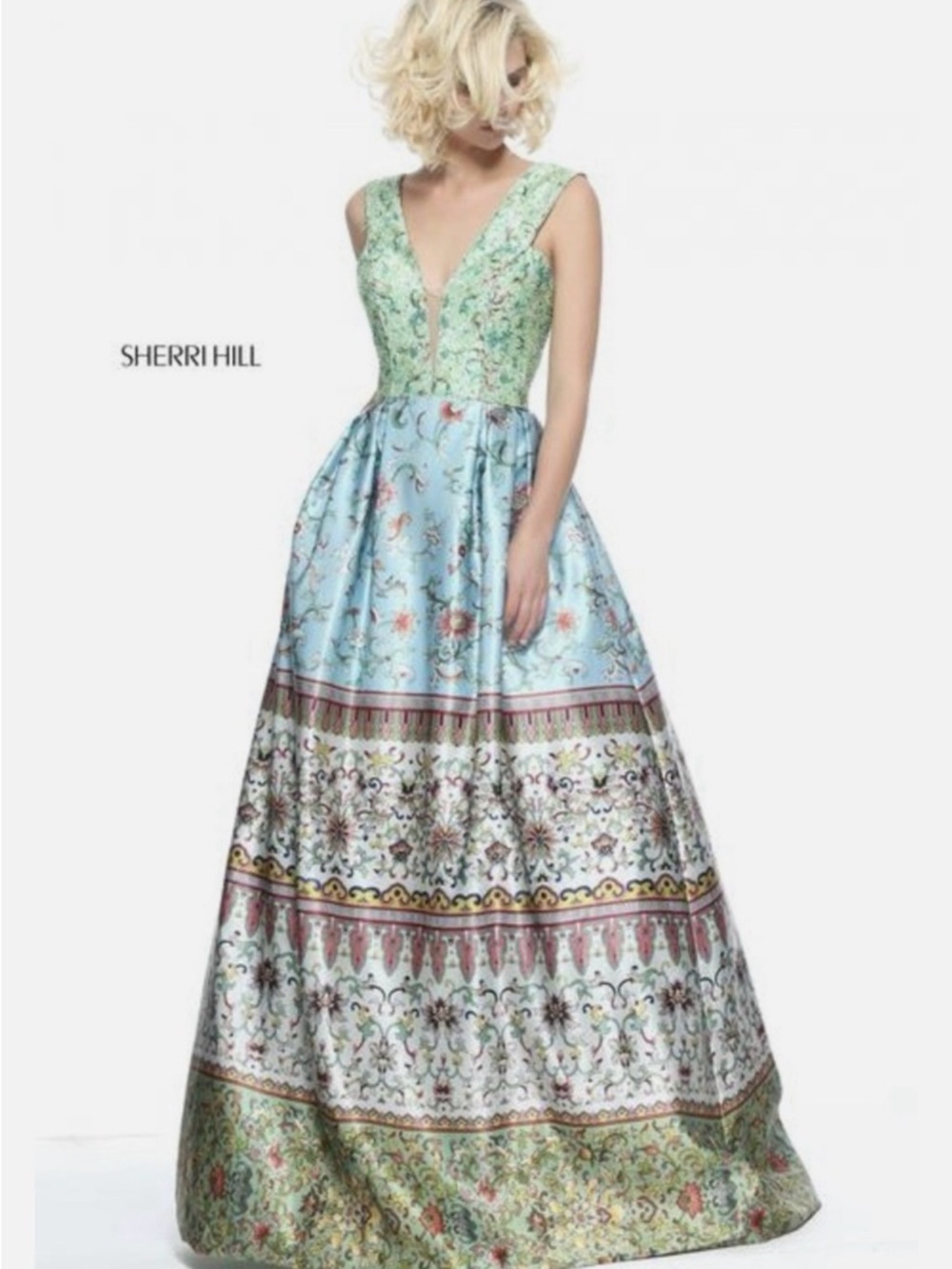 “Rare” Sherri Hill Mint Green and Light Blue Floral Plunge Ball Gown